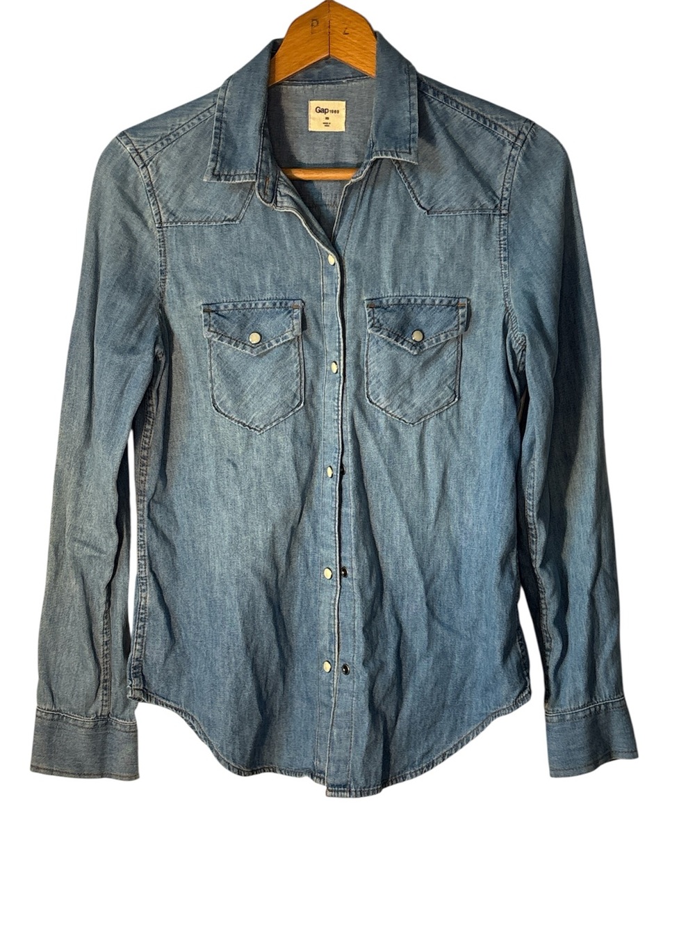 Gap Denim Pearl Snap Long Sleeve Shirt Button Down Juniors Ladies XS Western